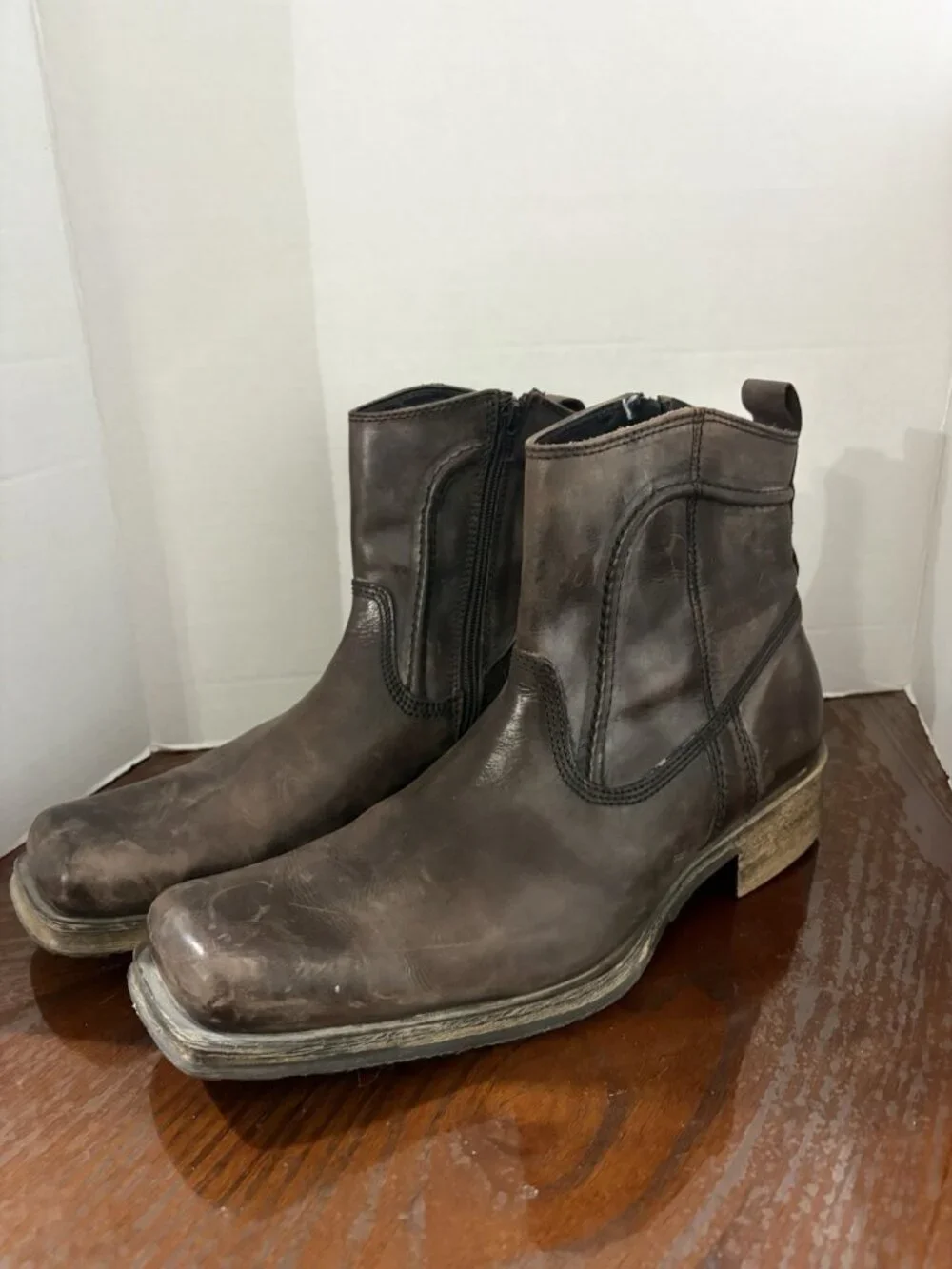 ALDO Leather Italian Square Toe Side Zip Ankle Boots Men 14 EU 48 Brown
